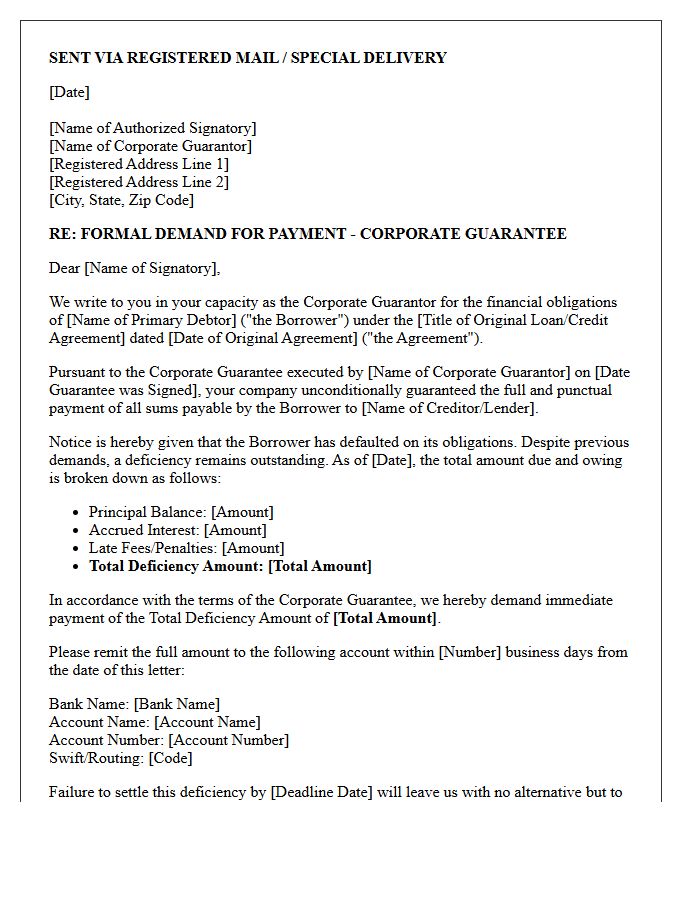 Formal Demand Letter for Corporate Guarantor Deficiency Payment