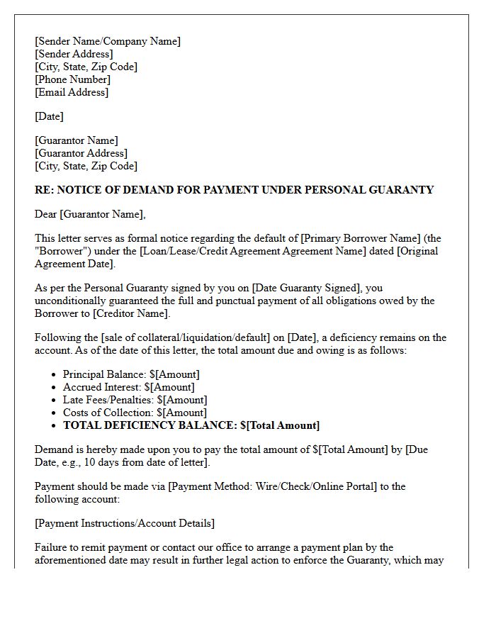 Initial Demand Letter for Guarantor Deficiency Payment