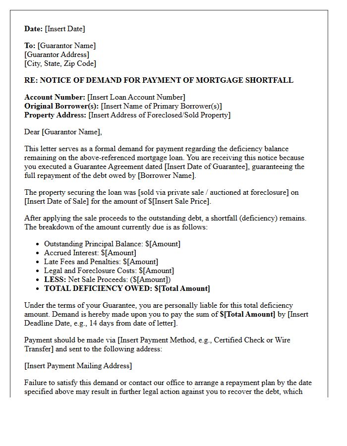 Mortgage Shortfall Guarantor Deficiency Demand Letter