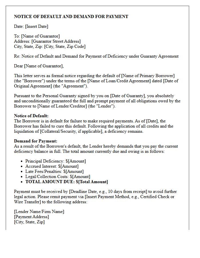 Notice of Default and Demand Letter for Guarantor Deficiency