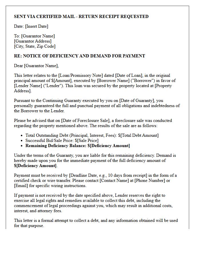 Post-Foreclosure Guarantor Deficiency Demand Letter