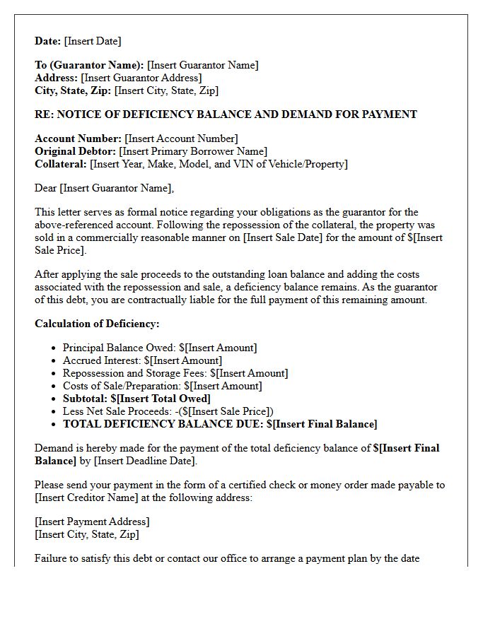 Post-Repossession Guarantor Deficiency Demand Letter