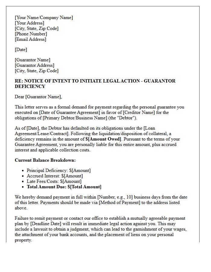Pre-Legal Action Demand Letter for Guarantor Deficiency