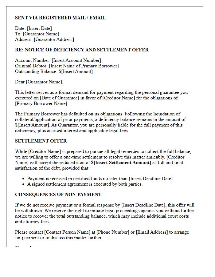 Settlement Offer and Guarantor Deficiency Demand Letter