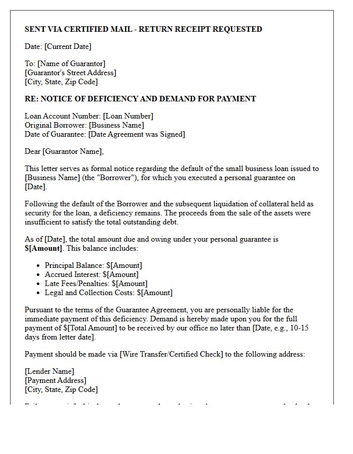 Small Business Loan Guarantor Deficiency Demand Letter