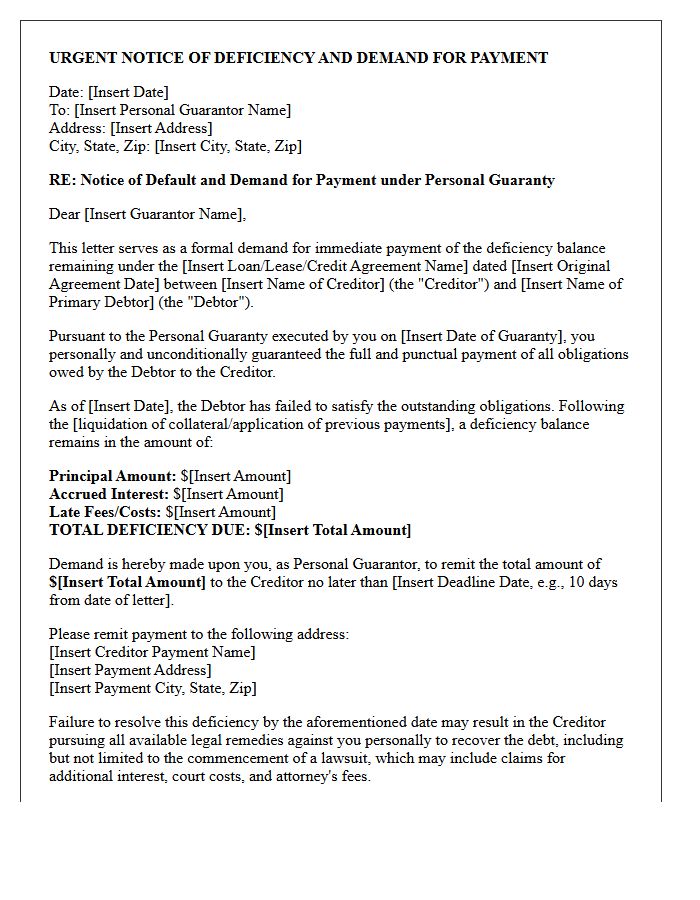 Urgent Demand Letter for Personal Guarantor Deficiency Resolution