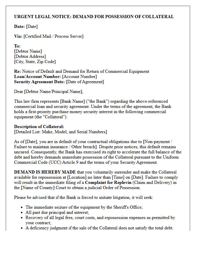 Bank Counsel Demand Letter for Replevin of Commercial Equipment