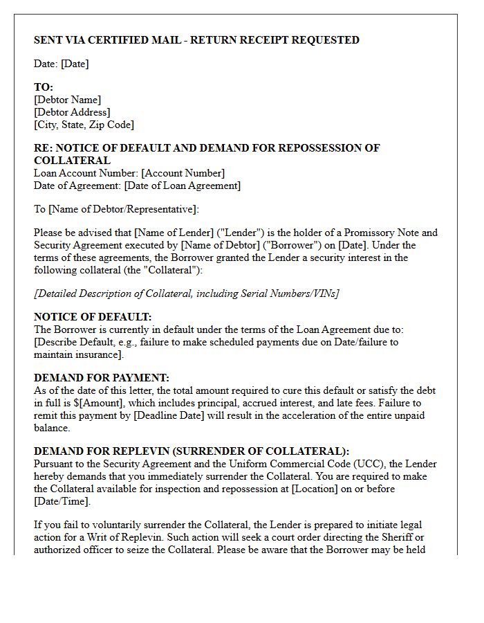 Commercial Loan Default and Replevin Demand Letter