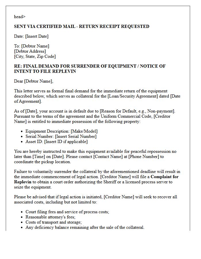 Final Demand Letter for Replevin of Equipment Collateral