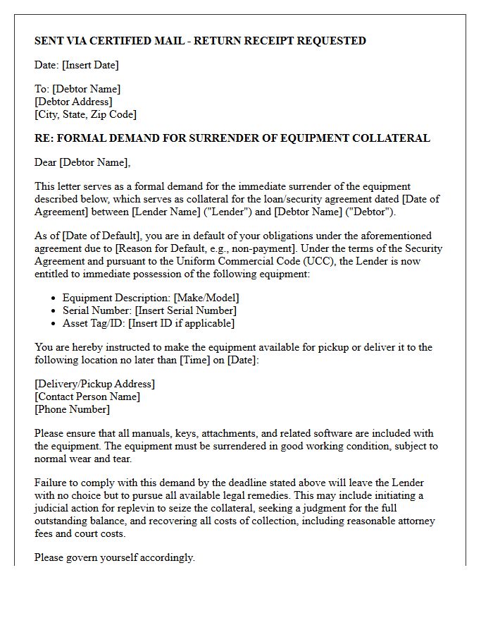 Formal Demand Letter for Surrender of Equipment Collateral
