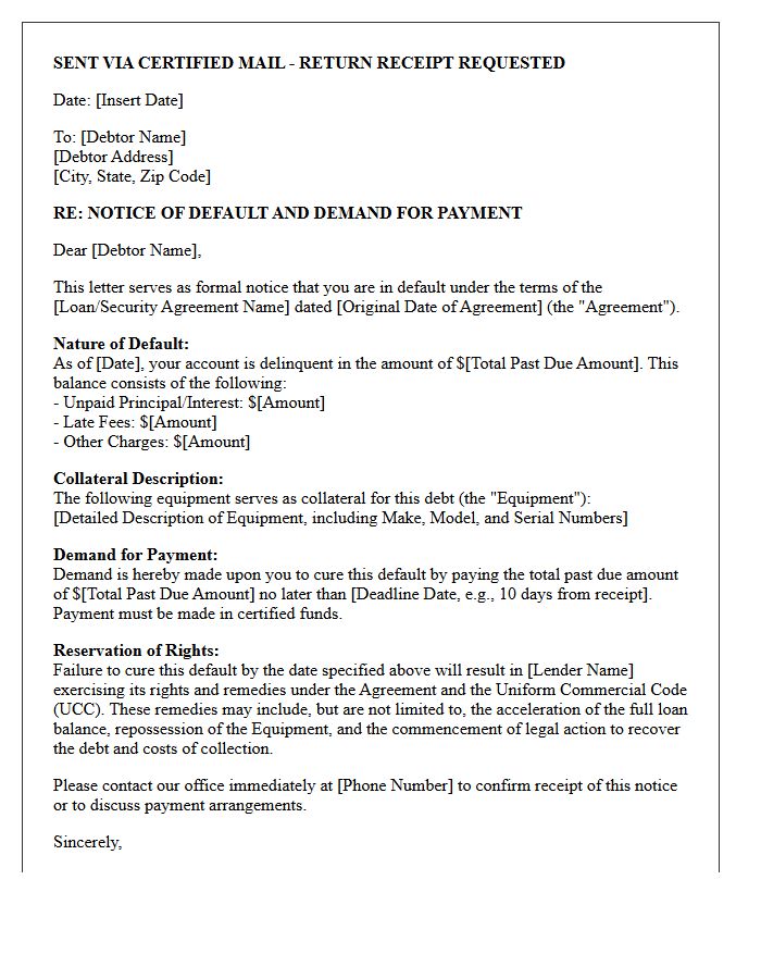 Initial Notice of Default and Demand Letter for Equipment Collateral
