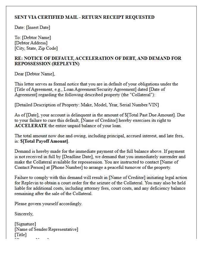 Notice of Acceleration and Replevin Demand Letter