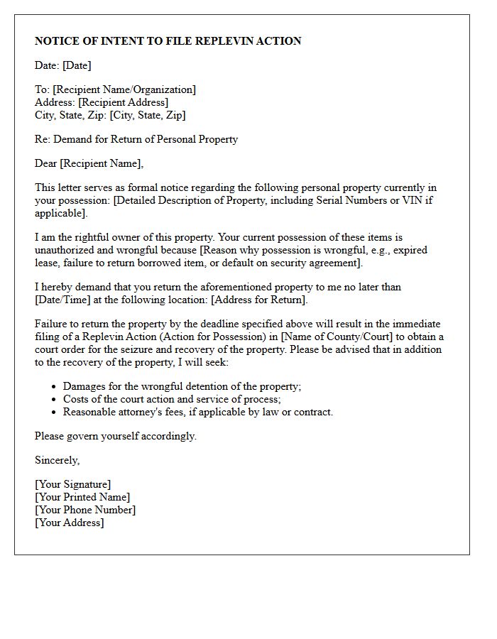 Notice of Intent to File Replevin Action Letter