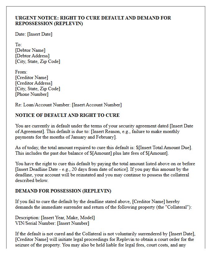 Notice of Right to Cure and Replevin Demand Letter