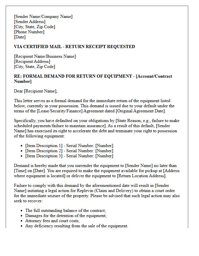 Post-Default Equipment Replevin Demand Letter