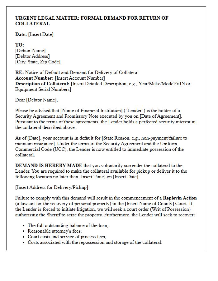Pre-Litigation Demand Letter for Replevin of Banking Collateral