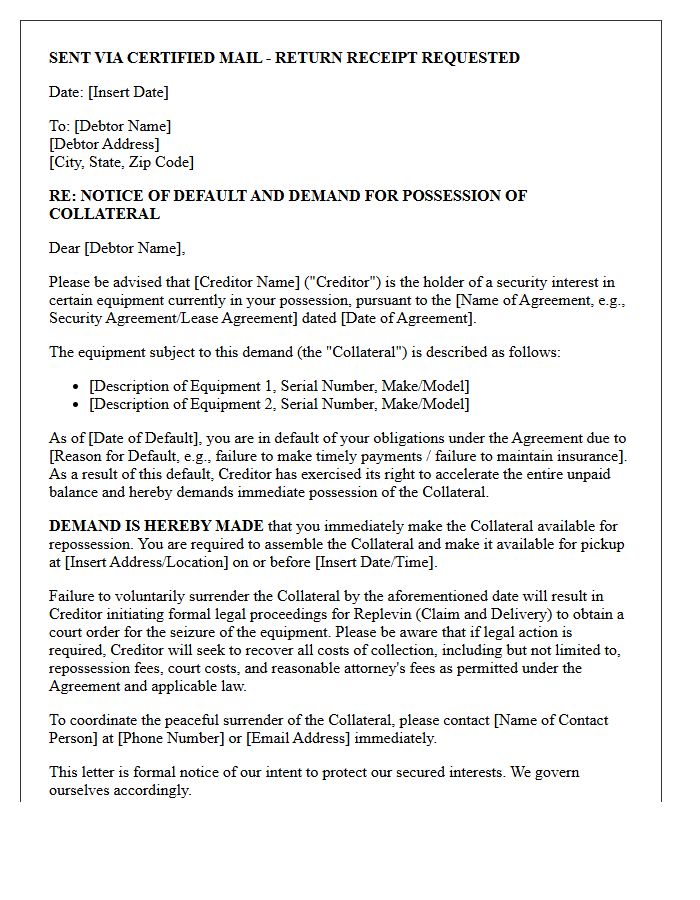 Secured Creditor Demand Letter for Replevin of Equipment Collateral