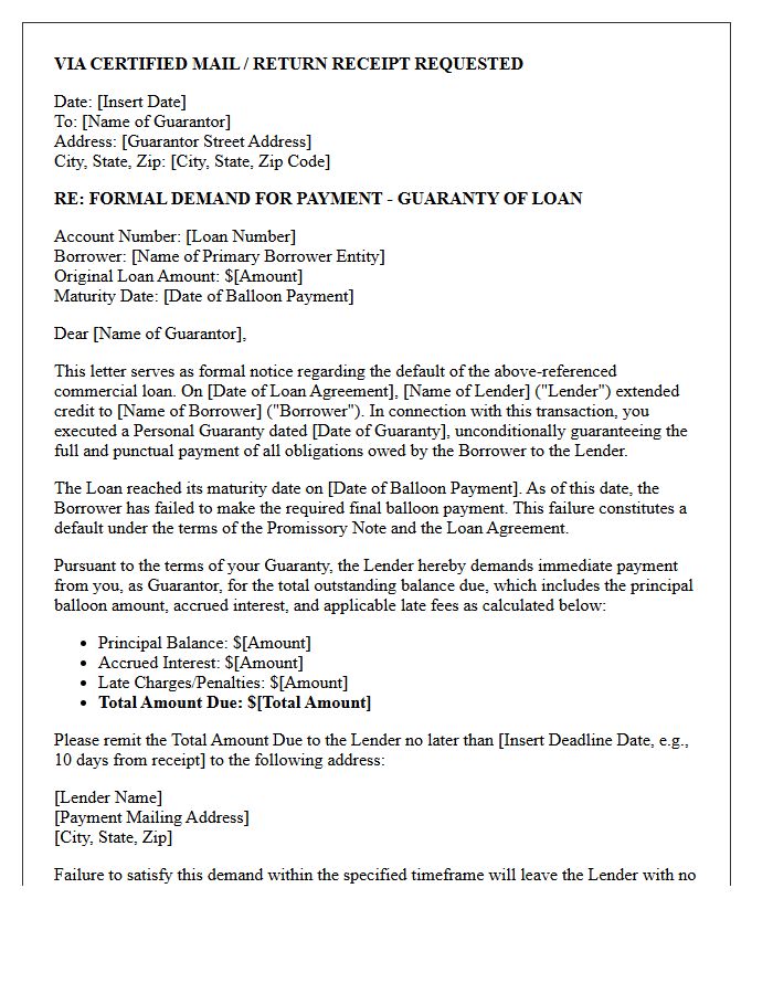 Demand Letter for Guarantor Performance on Commercial Balloon Default