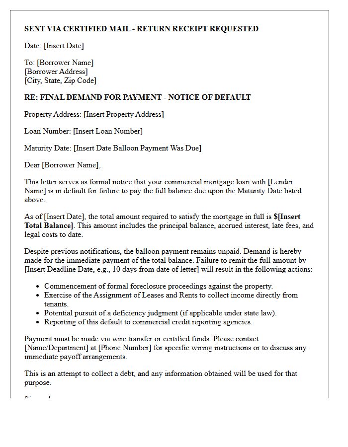 Final Demand Letter for Commercial Real Estate Balloon Mortgage Default