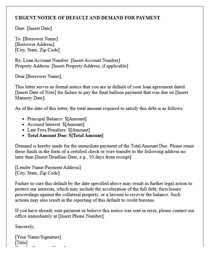 Initial Notice of Balloon Payment Default Demand Letter
