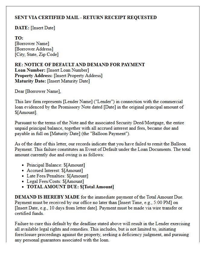 Legal Counsel Demand Letter for Commercial Real Estate Balloon Default