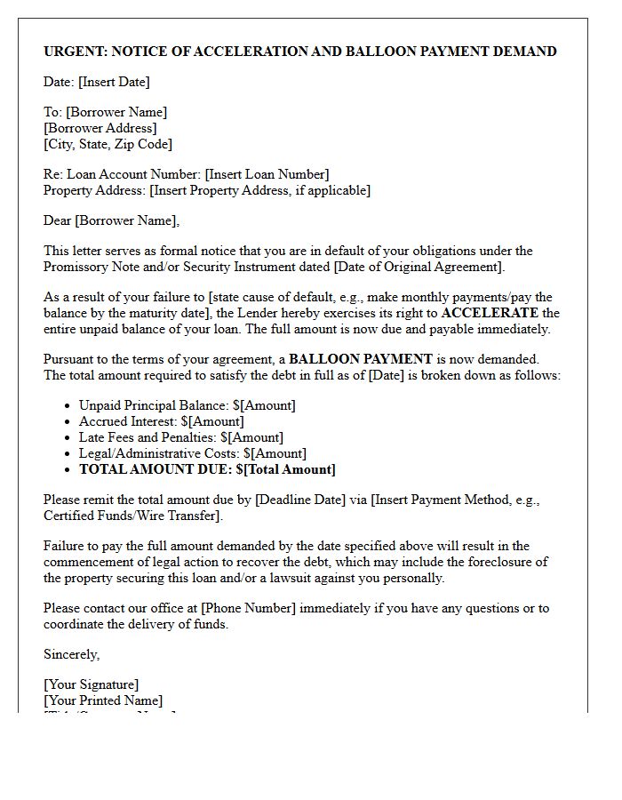 Notice of Acceleration and Balloon Payment Demand Letter