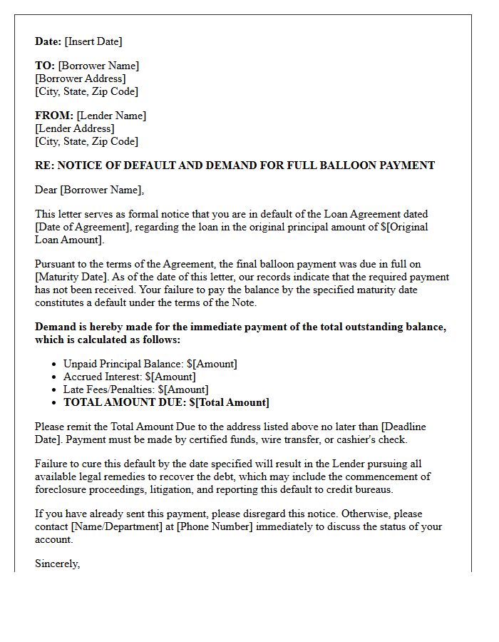 Notice of Default and Demand for Full Balloon Payment Letter