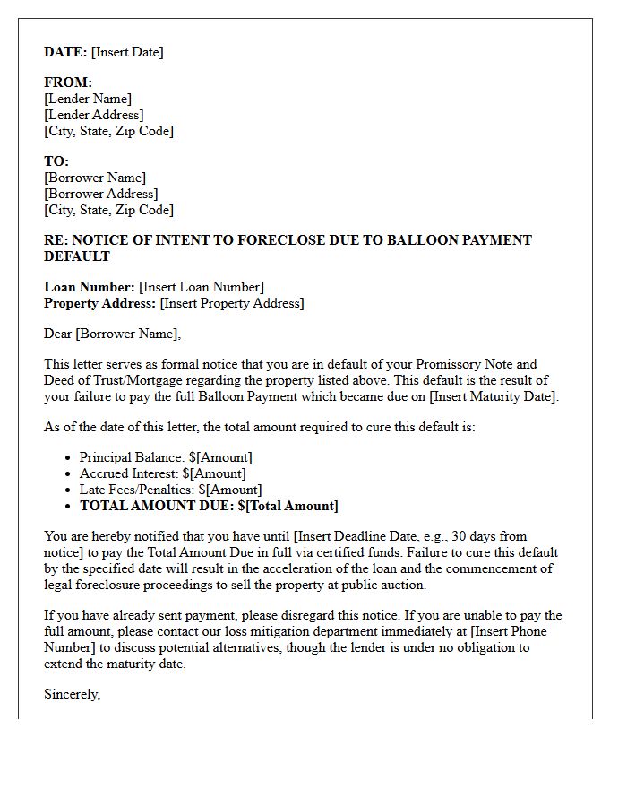 Notice of Intent to Foreclose Due to Balloon Payment Default Letter