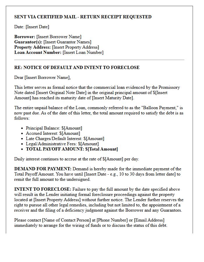 Pre-Foreclosure Demand Letter for Commercial Balloon Loan Default