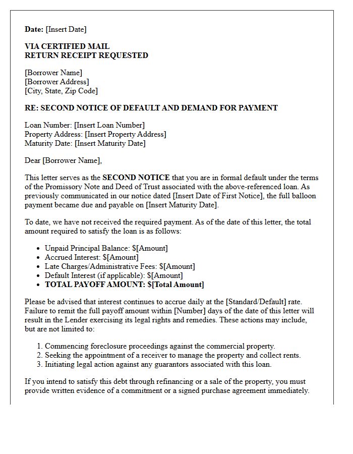 Second Notice of Commercial Real Estate Balloon Payment Default Letter