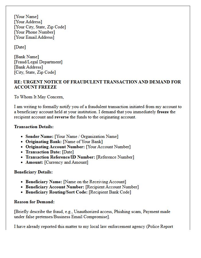Beneficiary Account Freeze And Reversal Demand Letter