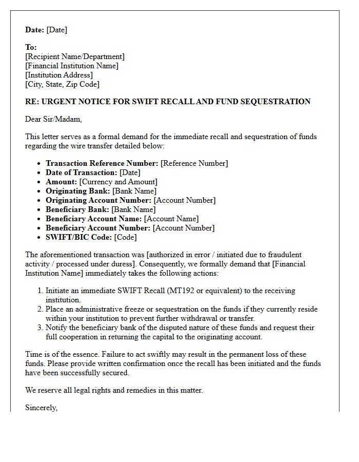 Demand Letter For Swift Recall And Fund Sequestration