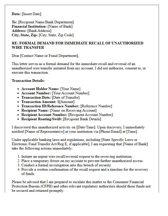 Formal Demand Letter For Unauthorized Wire Recall