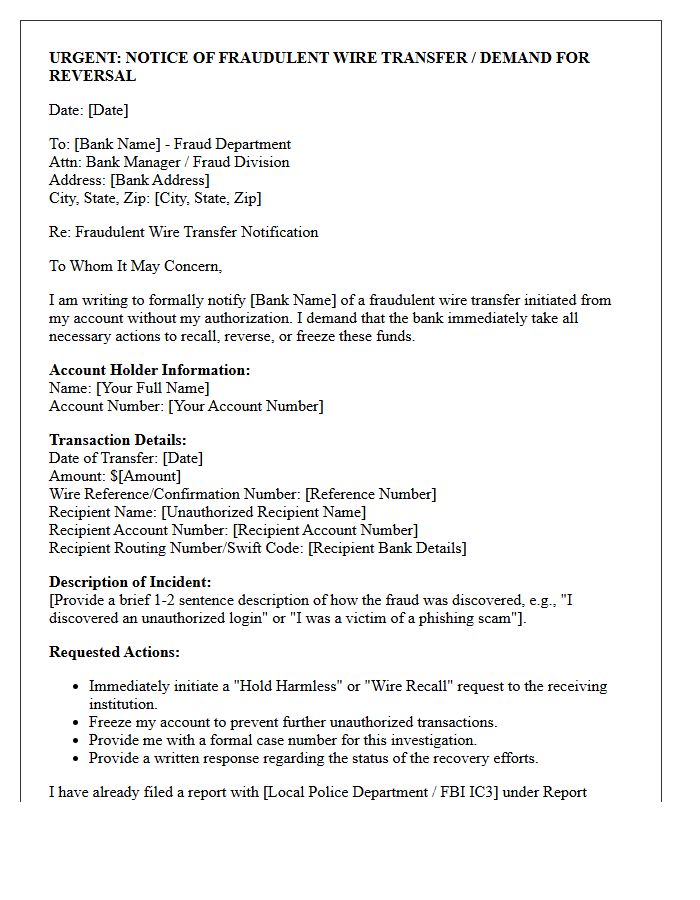 Initial Notice Of Fraudulent Wire Transfer Demand Letter