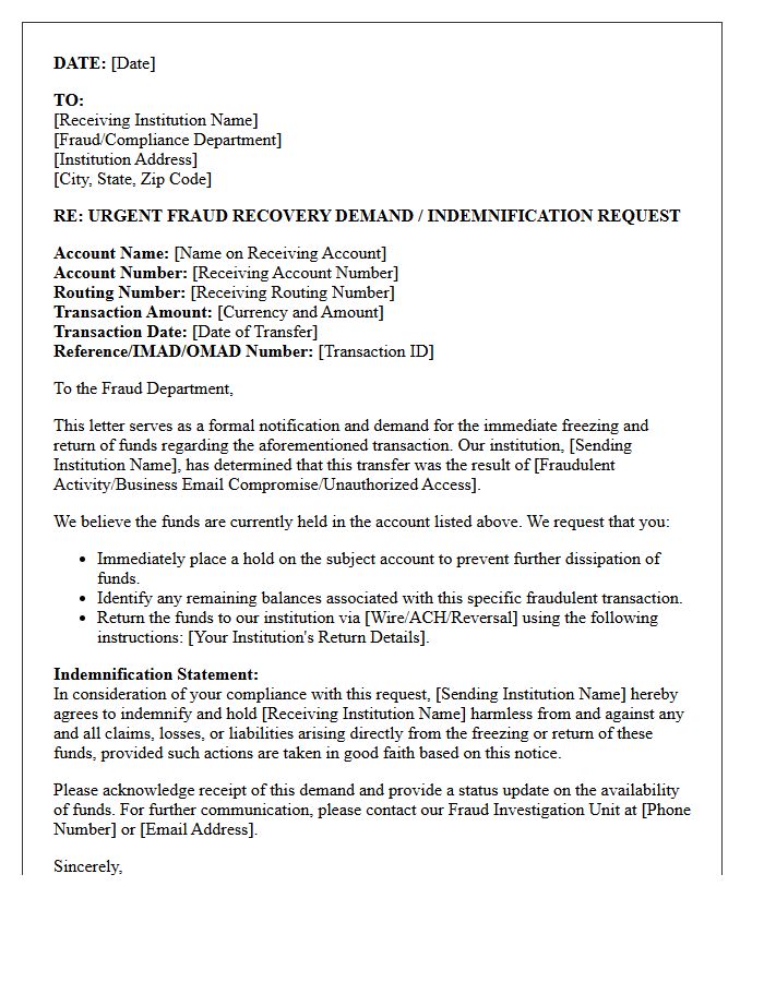 Receiving Institution Fraud Recovery Demand Letter