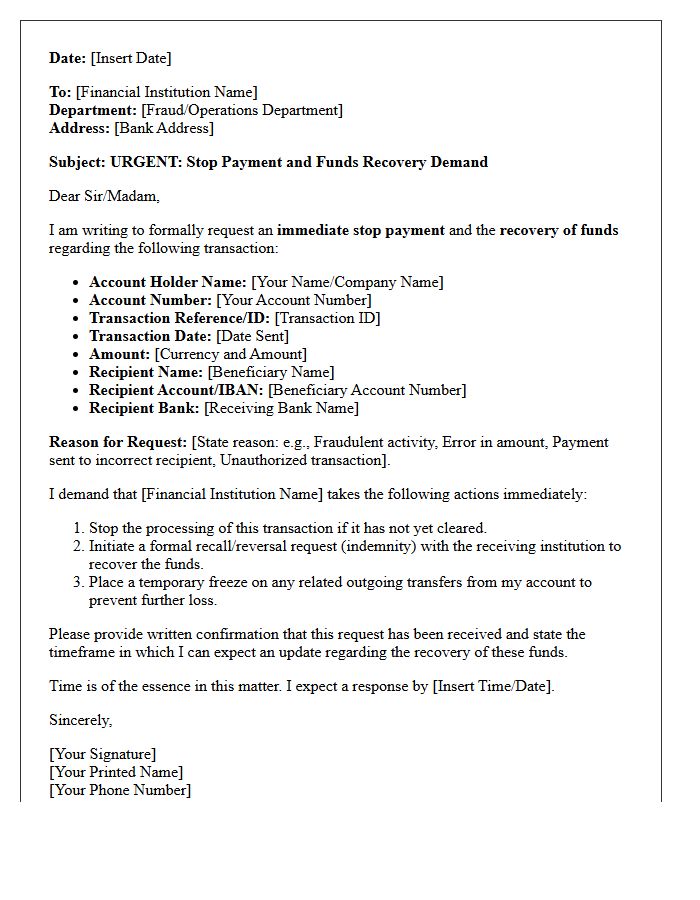 Urgent Stop Payment And Recovery Demand Letter