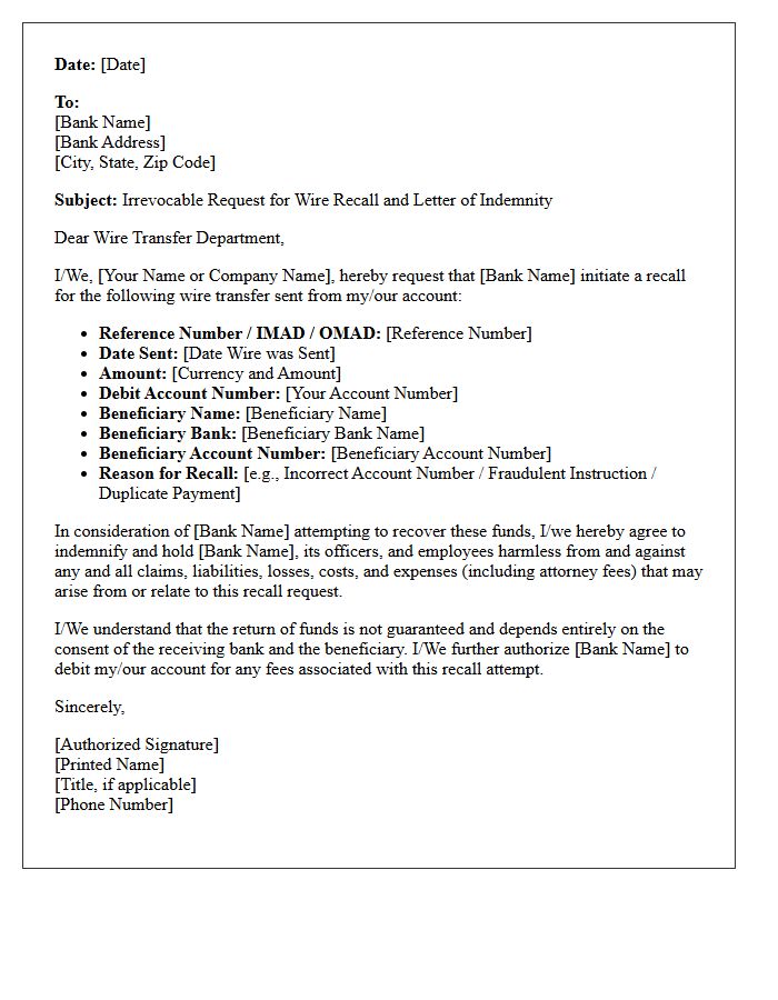 Wire Recall Request And Indemnity Letter
