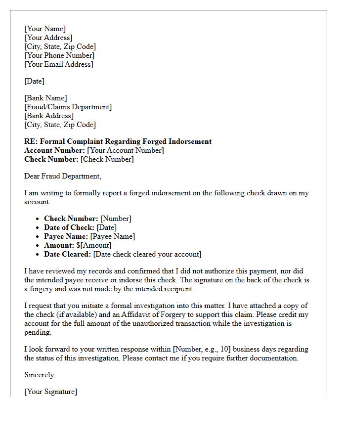 Bank Investigation Letter Regarding Forged Indorsement Allegations