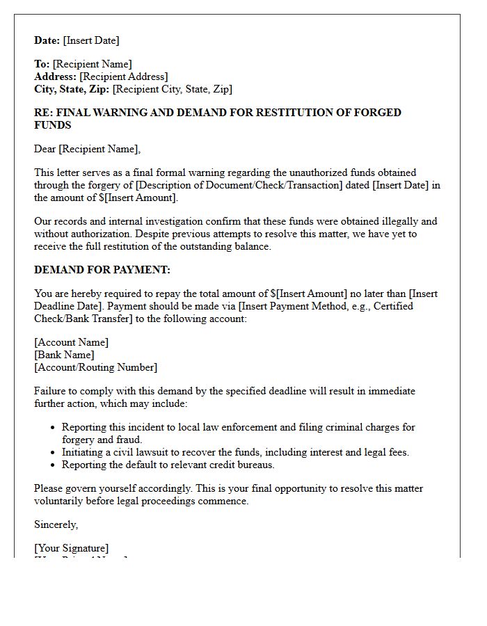 Final Warning Letter for Restitution of Forged Funds