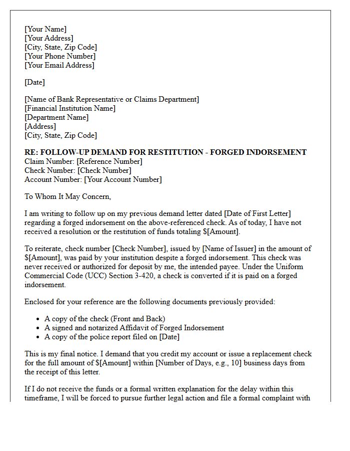 Follow-Up Demand Letter for Forged Indorsement Restitution