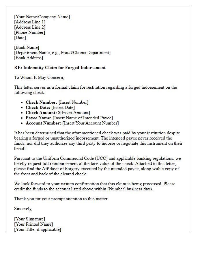 Indemnity Claim Letter for Forged Indorsement Restitution