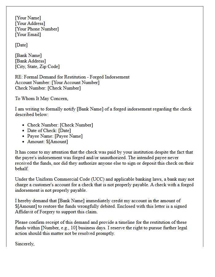 Initial Demand Letter for Restitution of Forged Indorsement