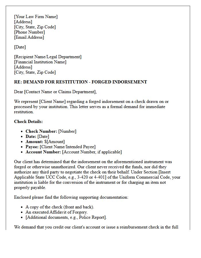 Legal Counsel Letter for Forged Indorsement Restitution