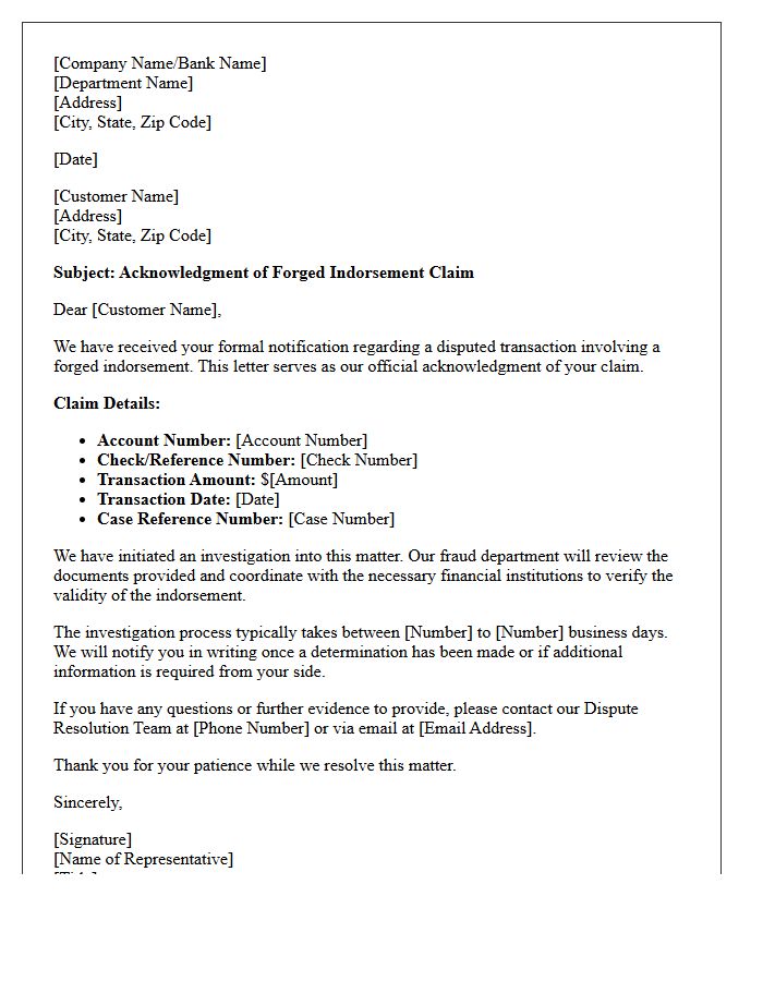Letter of Acknowledgment for Forged Indorsement Dispute
