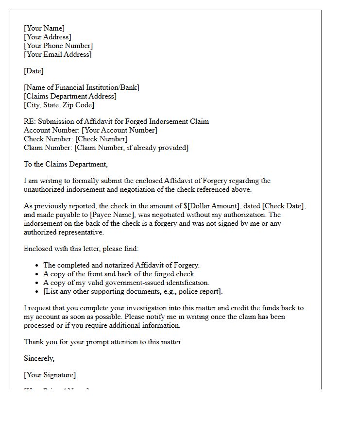 Letter of Affidavit Submission for Forged Indorsement Claim