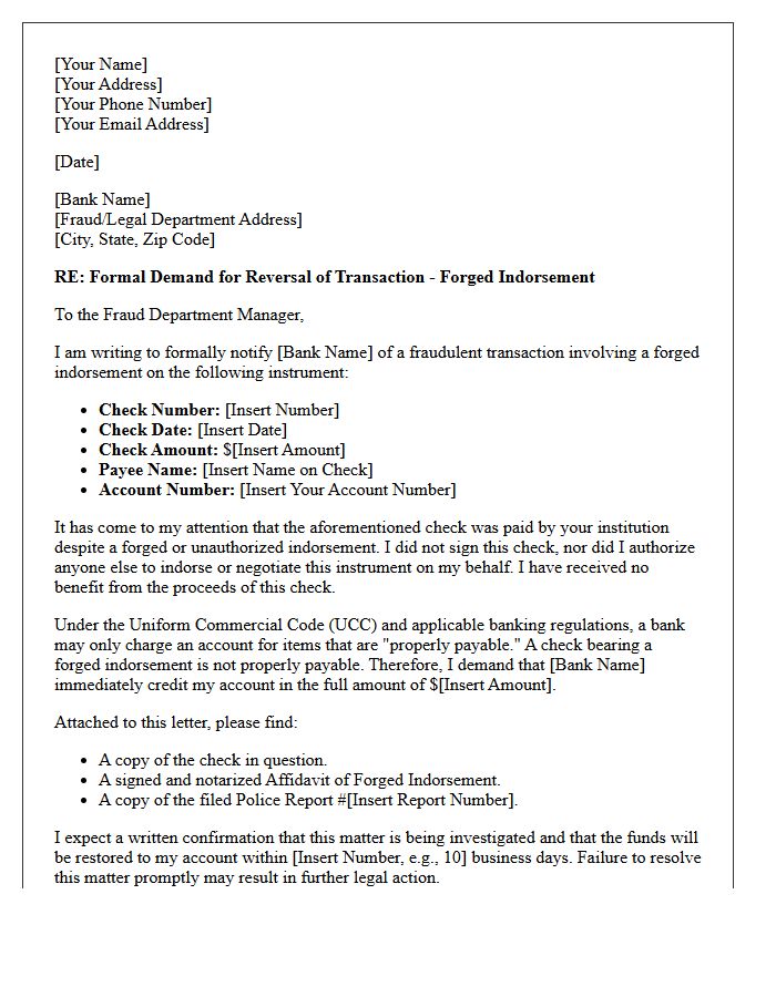 Letter of Demand for Reversal of Forged Indorsement Transaction