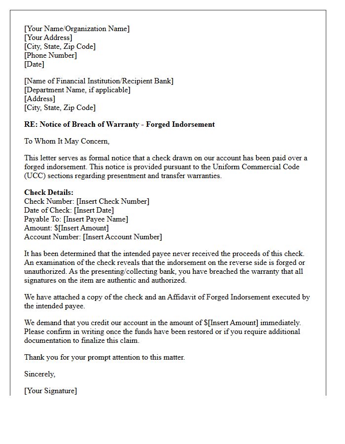 Letter of Notice for Breach of Warranty Pertaining to Forged Indorsement
