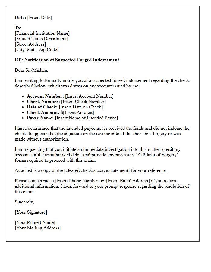 Letter of Notification Regarding Suspected Forged Indorsement