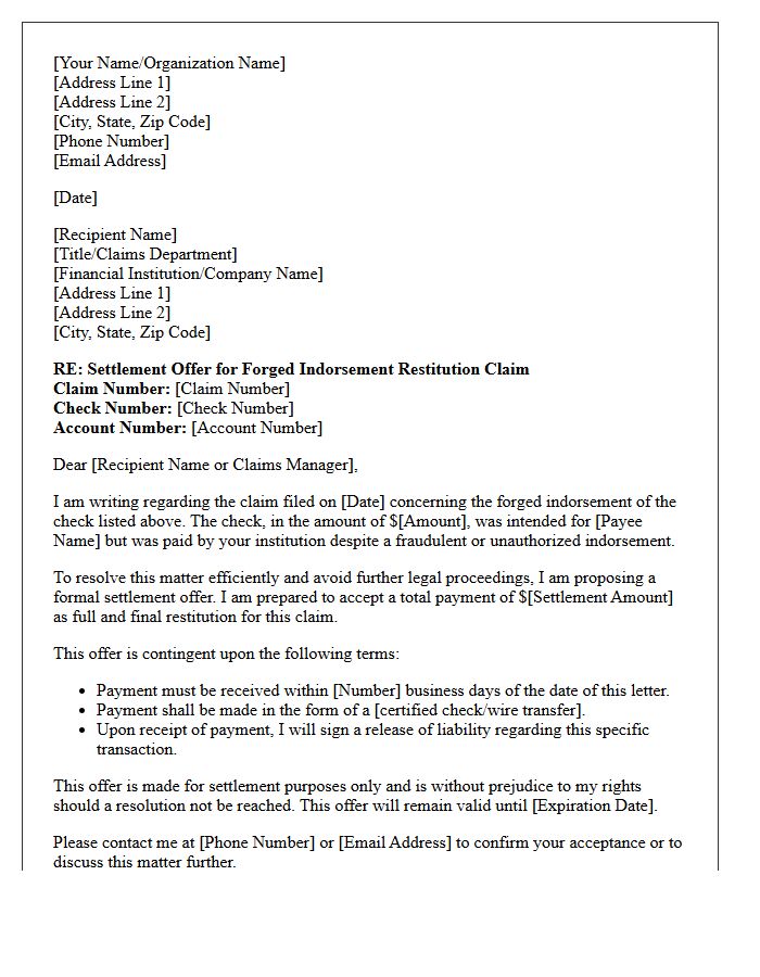 Settlement Offer Letter for Forged Indorsement Restitution Claim