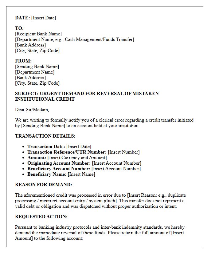Bank to Bank Demand Letter for Mistaken Institutional Credit Reversal